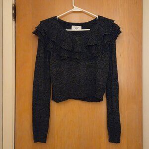 Cistar New York Cropped Sweater Size M Dark Gray Wool Mohair Blend Ruffled Neck